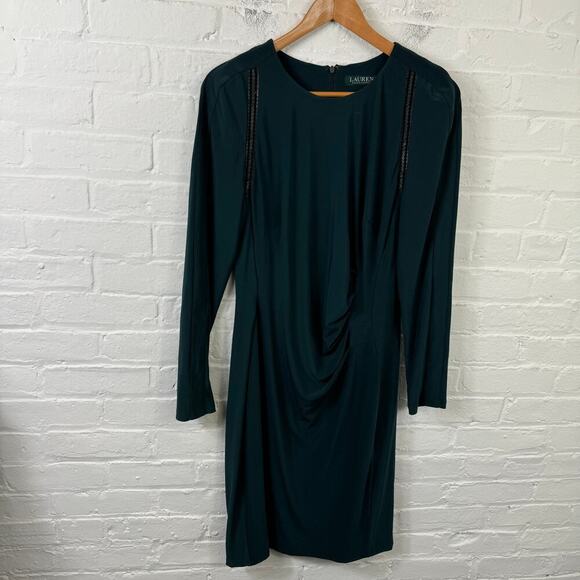 Lauren Ralph Lauren Women Jonni Faux Leather Trim Gathered Sheath Dress Size 14 - Picture 2 of 5